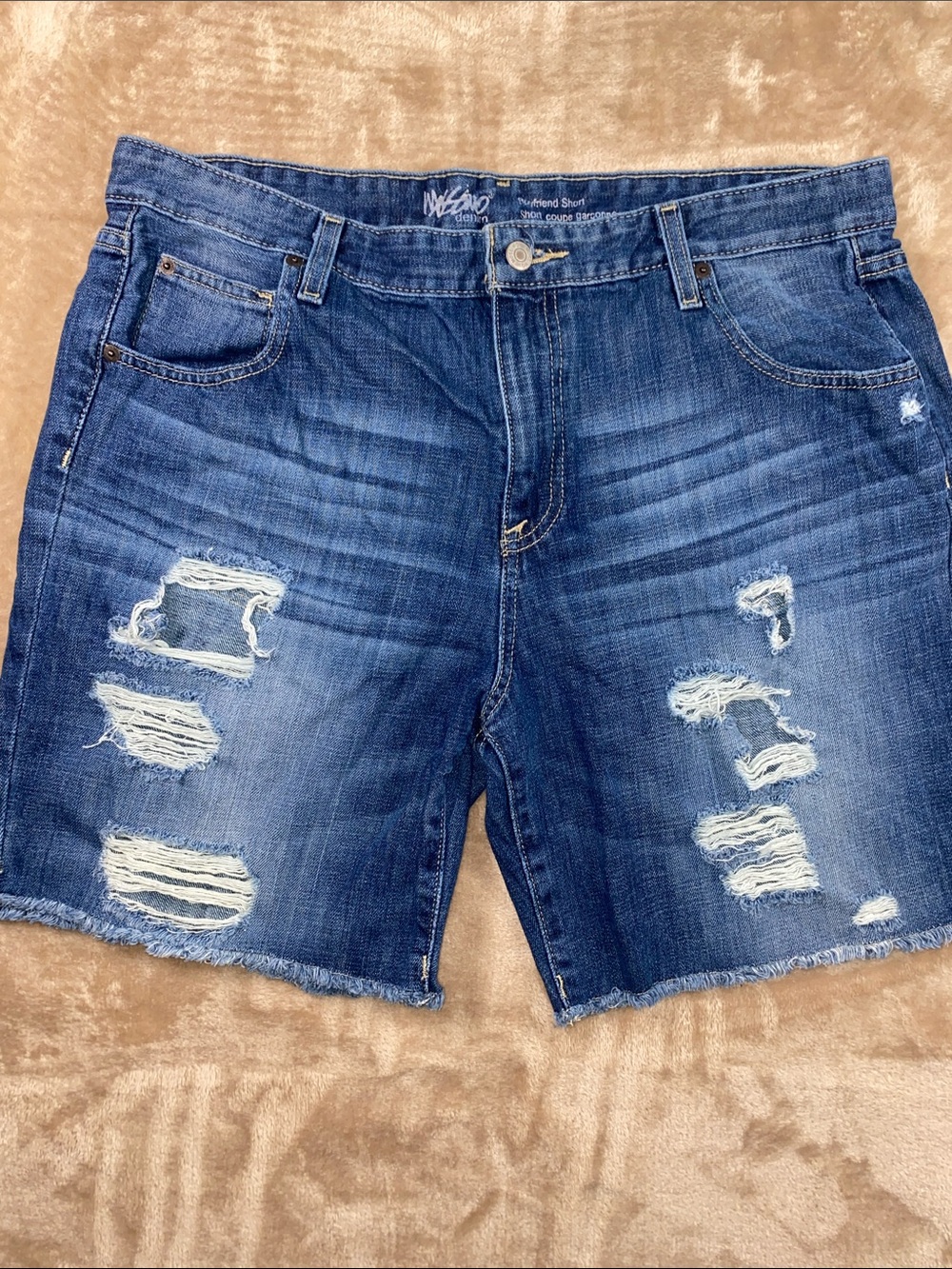 Distressed Dark Blue Denim Bermuda Shorts — Casual Women’s Shorts